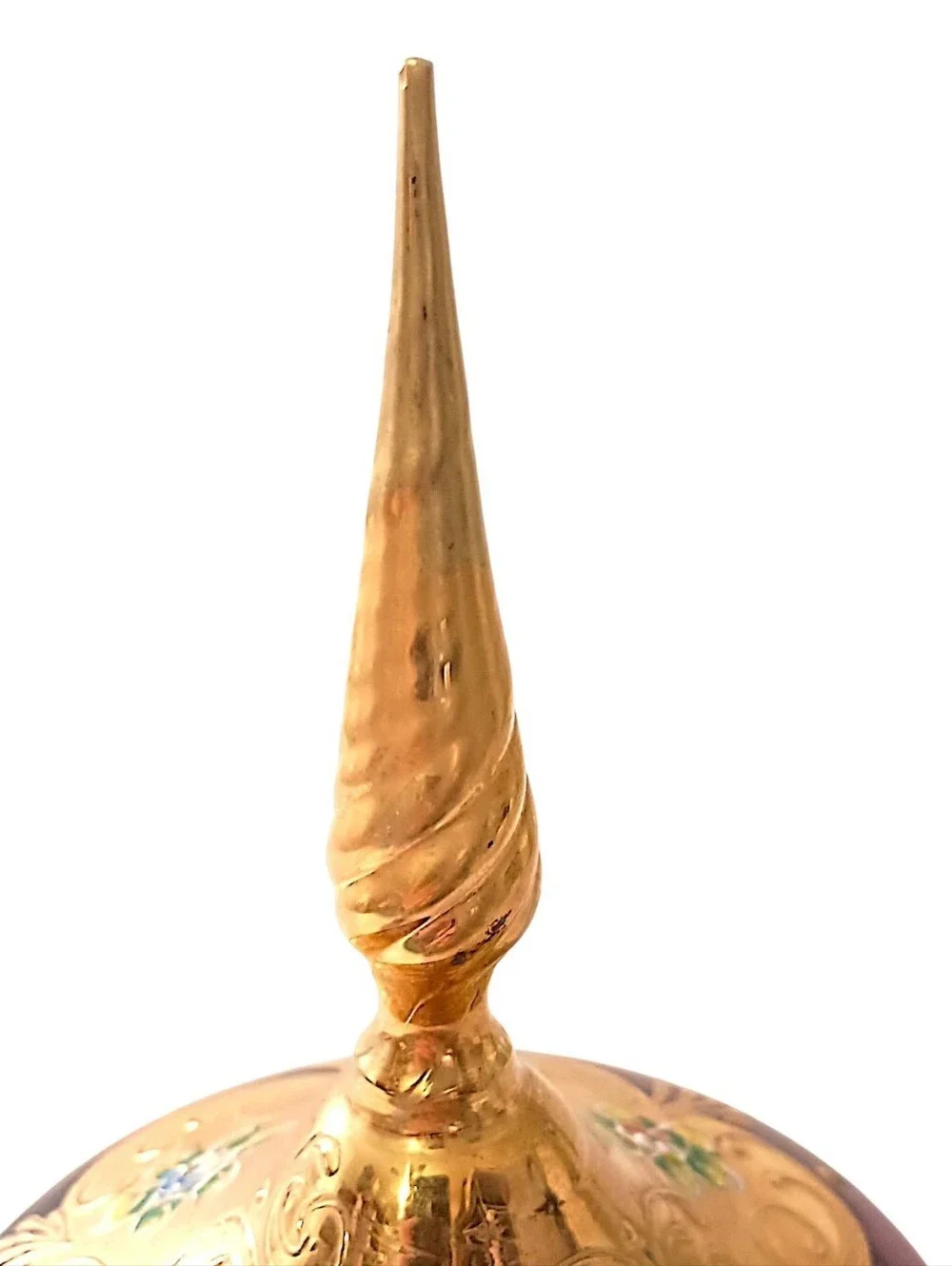 Vtg Amethyst Glass Trinket Dish‎ Pedestal Finial Lid Vanity Gold Gilt Candy Jar
